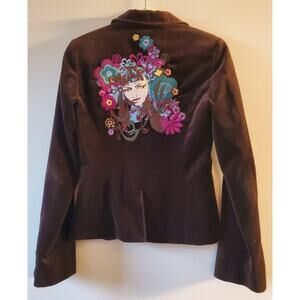 TRUE RELIGION Brown VELVET EMBROIDERED Jacket Blazer XS Rock Glam Lux Feminine